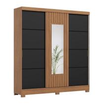 Guarda Roupas Casal 3 Portas De Correr Com Espelho Ripado 2 Gavetas Lotus Madeirado / Preto