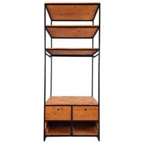 Guarda Roupas Modulado Estilo Industrial Ferro em Preto e Madeira Maciça Cor Castanheira com 4 Gavetas e 3 Prateleiras