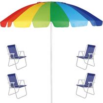 Guarda Sol Rainbow Arco Íris Em Alumínio 2,20M + 4 x Cadeira Alta Lazy Sannet Azul Marinho -Mor/Bel