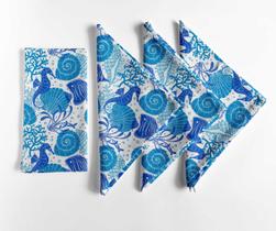 Guardanapos de Algodão com Coral e Concha do Mar, 50x50 cm, Azul, Kit com 12 - Vargottam Guardanapos de Algodão com Coral e Concha do Mar, 50x50 cm, Azul, Kit com 12 - Vargottam
