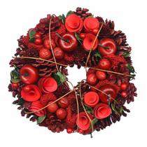 Guirlanda 26cm Vermelha Com Frutas E Pinhas - Feita A Mão.