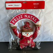 Guirlanda com placa feliz natal vermelha com boneco de neve enfeite de porta pendurar