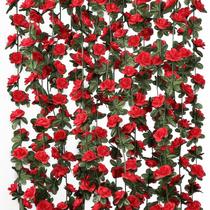 Guirlanda de flores artificiais KHOYIME Red Roses Vines 2,45 m - pacote com 18 Guirlanda de flores artificiais KHOYIME Red Roses Vines 2,45 m - pacote com 18
