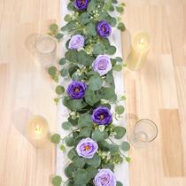 Guirlanda de flores artificiais TOCHGREEN Eucalyptus com rosas roxas