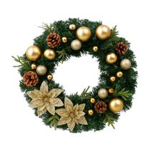 Guirlanda De Natal 40cm Decorada PVC Com Bola E Flor Dourada