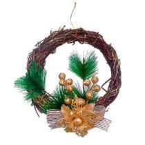 Guirlanda de Natal Decorada 20cm Flor Dourada Laço Luxo