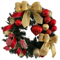 Guirlanda de Natal Luxo Verde com Cordão de Luz Fio de Fada LE, Laços e Bolas Vermelhos e Dourados 45cm