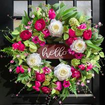 Guirlanda de Primavera e Verão Pinkpuii 24" com Peônia Rosa e Placa Guirlanda de Primavera e Verão Pinkpuii 24" com Peônia Rosa e Placa