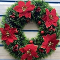 Guirlanda Natalina 38Cm De Natal Decorativa Para Porta Com Flores Vermelhas Douradas Decoração Guirlanda Natalina 38Cm De Natal Decorativa Para Porta Com Flores Vermelhas Douradas Decoração