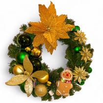 Guirlanda Natalina de Luxo, Verde e Dourado, Poinsétia e Libélula c/ Glitter, Bolas e LED fio de fada, 45cm - RIKABUNI