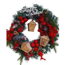 Guirlanda Natalina Luxo Lampiões Com Luz Led Pinhas Cerejas Placa Feliz Natal 60cm