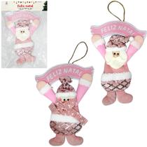 Guirlanda papai noel / boneco de neve com placa feliz natal rosa 25x18cm