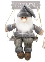 Guirlanda papai noel cinza com placa feliz natal sentado com perna mole para parede decoração