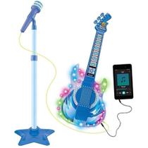 Guitarra com microfone brinquedo infantil som e luz conecta celular mp3 karaoke rock boy azul