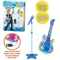 Guitarra com microfone musical infantil rock show pedestal azul cabo p2 e luz a pilha