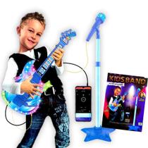 Guitarra Com Microfone Pedestal Azul Para Meninos Luz Som Mp3 Conexão Com Celular - Etitoys