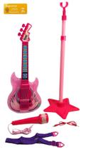 Guitarra com Microfone Pedestal Infantil Rock Show DM Toys com Luzes Som Conecta Celular MP3 Karaoke