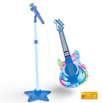 Guitarra com Microfone Pedestal Infantil Rock Show DM Toys com Luzes Som Conecta Celular MP3 Karaoke