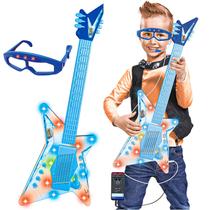 Guitarra Com Óculos Microfone Infantil Som E Luz Conecta Celular Rock Azul Dm Toys