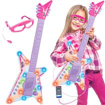 Guitarra Com Óculos Microfone Infantil Som E Luz Conecta Celular Rock Rosa Dm Toys