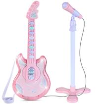 Guitarra de brinquedo infantil Best Choice Products 19 pol. rosa com suporte para microfone Guitarra de brinquedo infantil Best Choice Products 19 pol. rosa com suporte para microfone