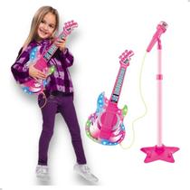 Guitarra E Microfone Infantil Karaoke Brinquedo Menina Violao Conecta Celular Cabo P2 Luzes Sons