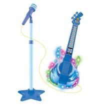 Guitarra Infantil C Microfone Pedestal Toca Mp3 Luz Som Azul - Dm Brasil