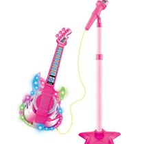 Guitarra Infantil Com Microfone Pedestal Rock Show Toca MP3 Com Luz e Som Cor Rosa - Dm toys
