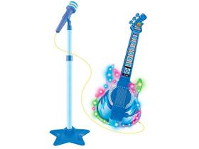 Guitarra Infantil Microfone Pedestal Luz Som MP3 Smartphone Rock Show Azul DM Toys