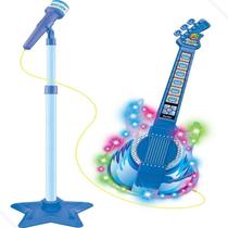 Guitarra Infantil Microfone Pedestal Luz Som MP3 Smartphone Rock Show Azul DM Toys