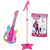 Guitarra Infantil Microfone Pedestal Luz Som MP3 Smartphone Rock Show Rosa DM Toys