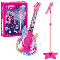 Guitarra Musical Infantil Rosa Com Microfone E Luz Castela