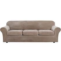 H.VERSAILTEX Veludo Moderno Pelúcia 4 Peças Alto Estiramento Sofá Slipcover Sofá Cover Móveis Protetor Forma Fit Luxo Veludo Grosso Extra Grande Sofá Cover para 3 Almofadas Sofá (XL Sofá, Taupe)