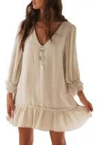 H1301- Camisa Saídapraia Camisão Blusão Linho Vestido Babado Solta