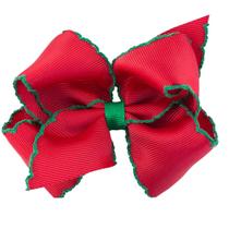 Hair Bow Wee Ones, gorgorão com borda em ponto de lua, vermelho com verde