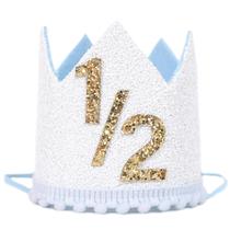 Half Birthday Crown WAWUO para meninos - chapéu de festa branco, azul Half Birthday Crown WAWUO para meninos - chapéu de festa branco, azul