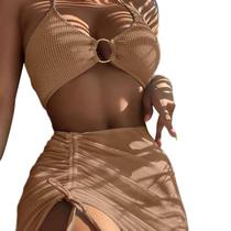Halter Bikini Set Beach Bathing Suits com Sarongs Cover Ups 3 Piece Swimwear - Café leve - XL