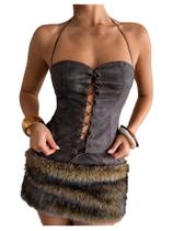 Halter Top Verdusa Leather Lace Up vintage marrom para mulheres
