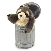 Hand Puppet Folkmanis Raccoon em lata de lixo para crianças