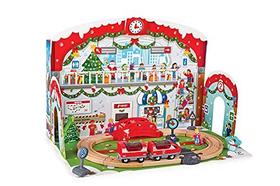 Hape E3770A 25 Dias Crianças Estação de Trem de Madeira Calendário advento de Natal com 24 peças e cenário de depósito decorado