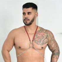 Harness Arreio Masculino em X Peitoral Couro e Correntes Vermelho com Argolas de Metal