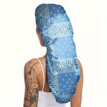 Head Wrap Blue Satin com estampa de bandana para proteção do cabelo