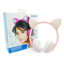 Headphone Bluetooth com Orelhas de Gato e Iluminação LED RGB Fone Sem Fio de Gatinho Exbom HF-C240BT Rosa Claro