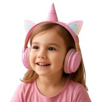 Headphone Bluetooth Rosa Unicórnio Infantil com Cabo e Microfone