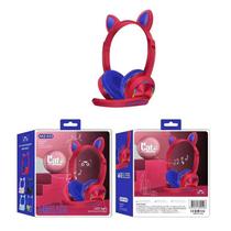 Headphone Gamer Criança Microfone LED Gatinho Vermelho Azul