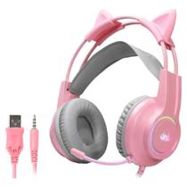 Headset Gamer Fone Gatinho Rosa Com Led RGB P2 Knup KP-GA04