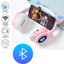 Headset Infantil Bluetooth Orelha de Gato Rosa com Luz LED