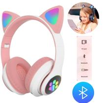 Headset Rosa Bluetooth Infantil Luz LED Orelha de Gato Ajustável