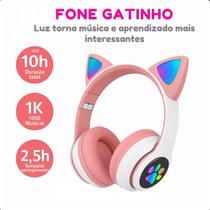 Headset Rosa Bluetooth Infantil Luz LED Orelha de Gato Ajustável