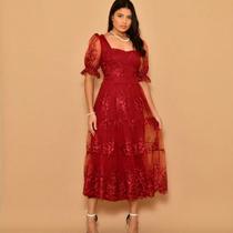 Helena Vestido midi festa tule bordado manga curto 0115